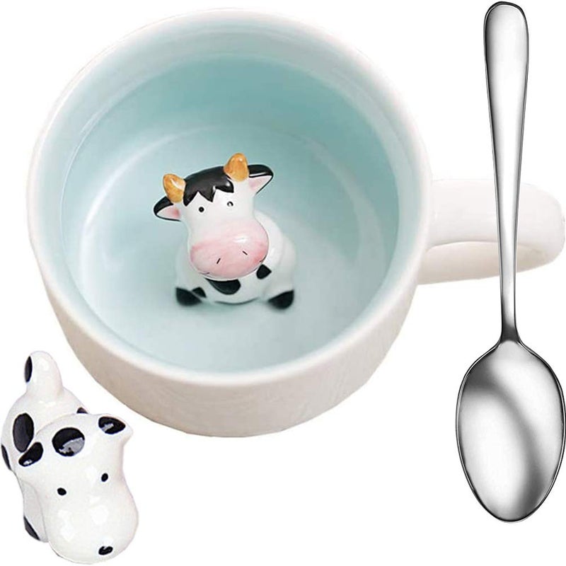 Ponerine Cow Cute Cartoon Mugs 3 pcs Animal Ceramic Coffee Mugs Water Cups with Crafts Porcelain Small Cow and Spoon Celadon Cup, 350ML - Image 1